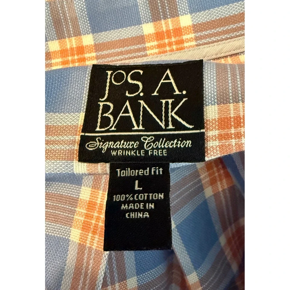 Jos. A. Bank Men L Button Down Shirt Blue Orange Plaid Wrinkle Free Tailored Fit